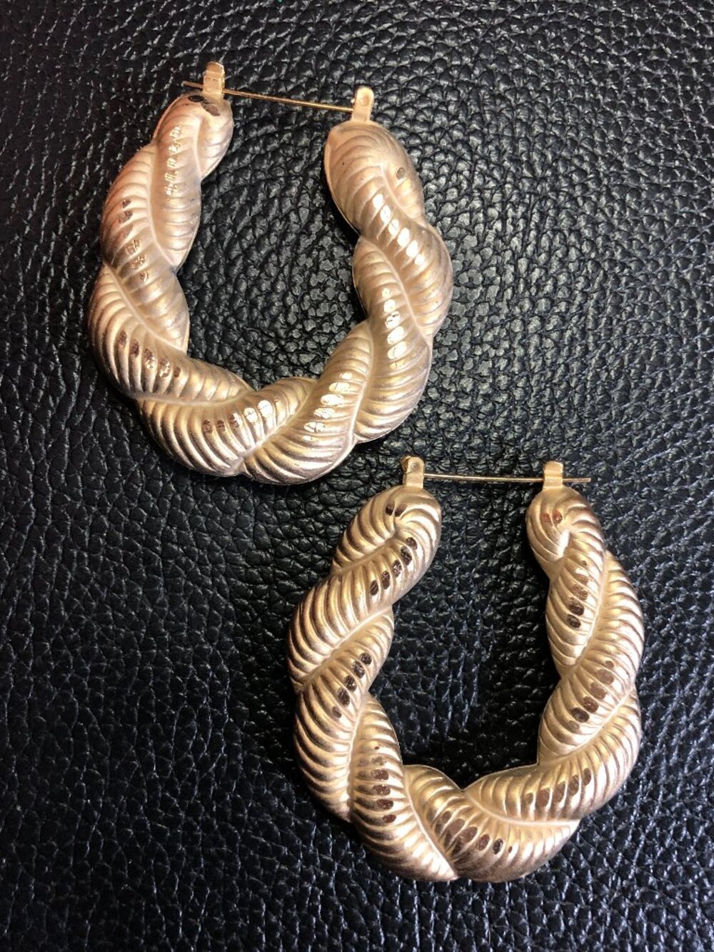 Vintage Gold Puffy Hoop Earrings Big Matte Diamond Cut 2" 1980s NOS 14k Plated